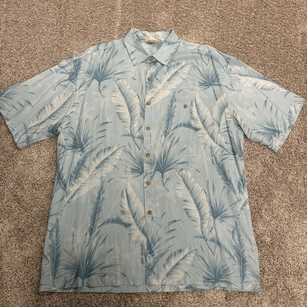 Paradise Collection Tropical Palm Leaf Button Up Shirt - Men’s Large Blue Rayon